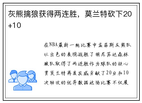 灰熊擒狼获得两连胜，莫兰特砍下20+10